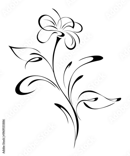 stylized blossoming flower on a curved stem with leaves and curls; graphic design