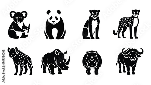 A collection of eight african and australian animal silhouettes including a koala panda cheetah and rhino silhouette high quality professional detailed