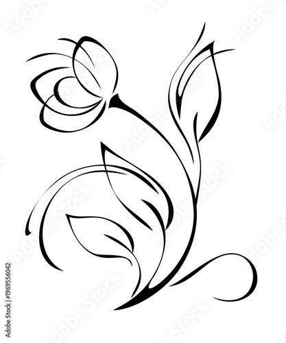stylized blossoming flower on a curved stem with leaves and curls; graphic design