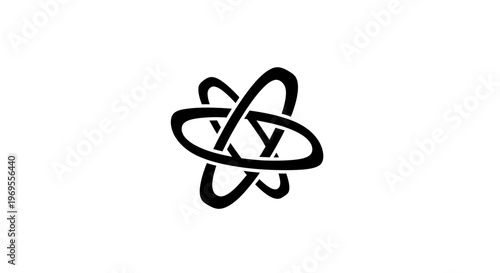 Black and white atom symbol logo.