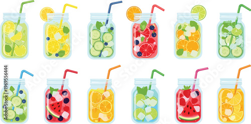 Flat vector collection of refreshing fruit infused water and summer detox drinks in mason jars with colorful straws, citrus, and berries on white background.
