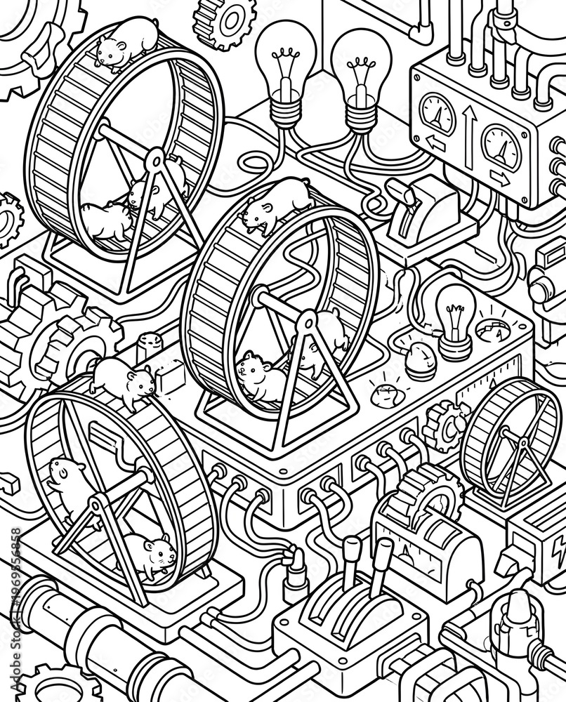 Naklejka premium isometric find the difference worksheet for kids Innovative Energy Concept with Hamsters Running in Wheels Generating Power in a Mechanical Maze Illustration fun observation game for early learning