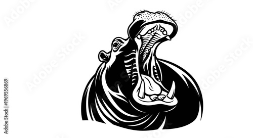 Black and white vector illustration of a hippopotamus with open mouth