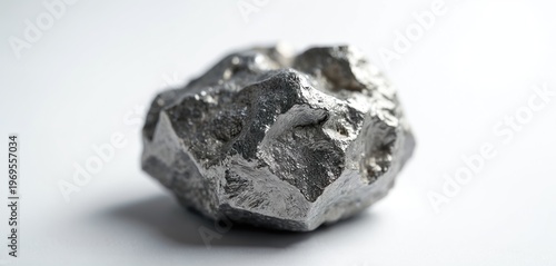 Close-up metallic piece, a lump of rare earth element, possibly erbium. Unrefined ore chunk shows rough texture, greyish silver sheen. Useful for science, industry, metallurgy themes.