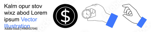 Finance, time management, banking services, economy, budgeting, monetary decisions. Dollar sign, clock icon hand gestures. Finance and time management with symbols and gestures