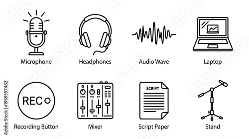 Audio recording icons showing microphone, headphones, sound wave, laptop, record, mixer, notes, stand.