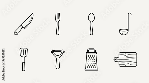 Kitchen utensil icons showing knife, fork, spoon, ladle, spatula, peeler, grater, and cutting board.