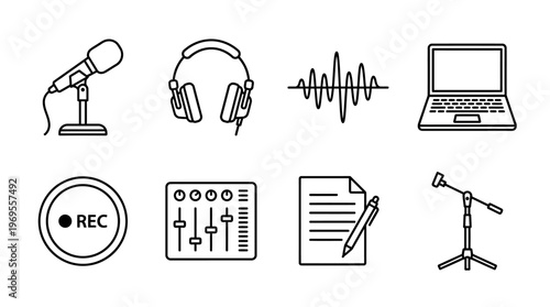 Audio recording icons showing microphone, headphones, sound wave, laptop, record, mixer, notes, stand.
