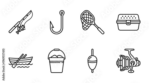 Fishing gear icons showing rod, hook, net, bait box, boat, bucket, bobber, and reel.
