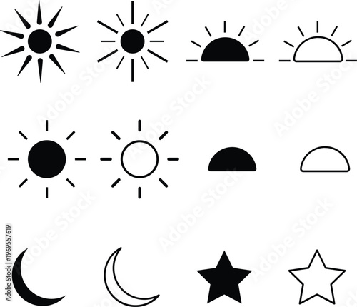 modern a collection of sun, moon, and star icons isolated on white background, illustration