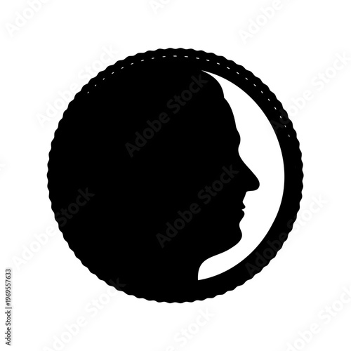 Abstract silhouette of a face in profile framed by a patterned circle
