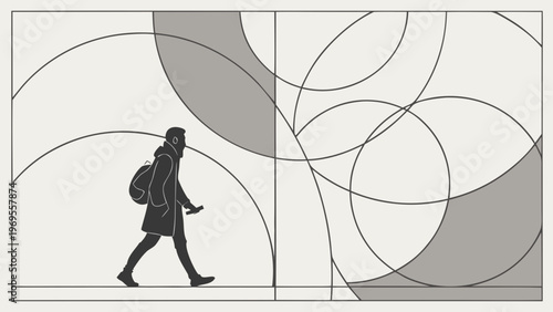 Minimalist Silhouette of Person Walking Against Abstract Geometric Background with Intersecting Circles and Arcs in Monochromatic Design.