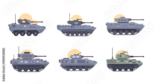 Military Armored Vehicle Vector Illustration Set, Battle Tanks and Infantry Fighting Vehicles in Flat Design Style Isolated on White Background