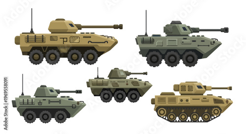 Military Armored Vehicle Collection Vector Illustration, Flat Style Army Tank and Combat Transport Icons Isolated on White Background.