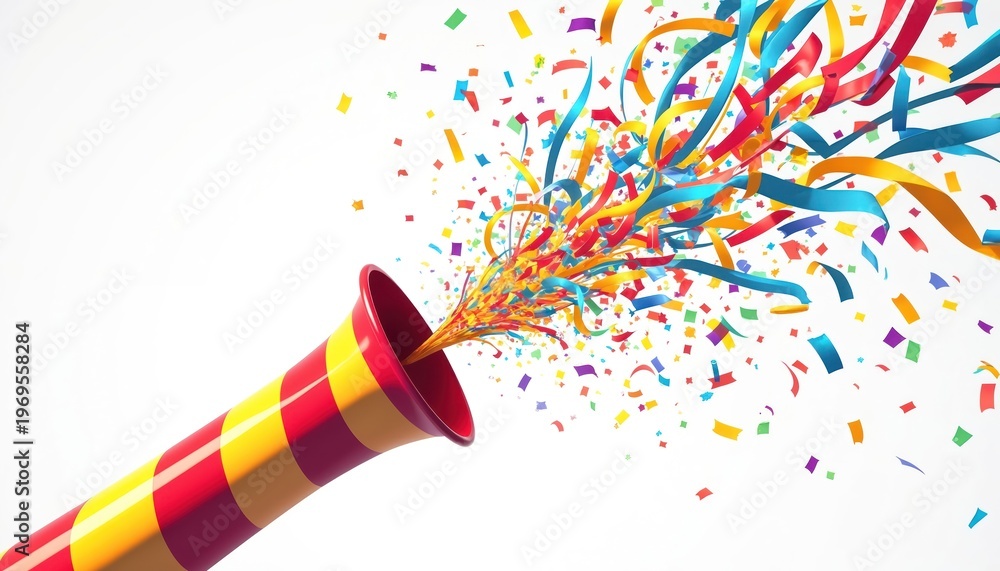 Fototapeta premium Party horn shoots out colorful confetti streamers. Festive celebration explosion adds surprise and joy. Fun noisemaker for events and greetings.