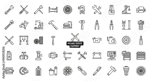Collection of Hand-Drawn Icons Representing Tools and Industry.