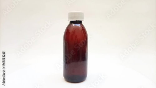 Amber plastic bottle with cap rotating on white background, brown plastic bottle for pharmaceuticals, syrups, essential oils, and cosmetics