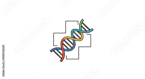 DNA double helix structure with medical cross symbol.