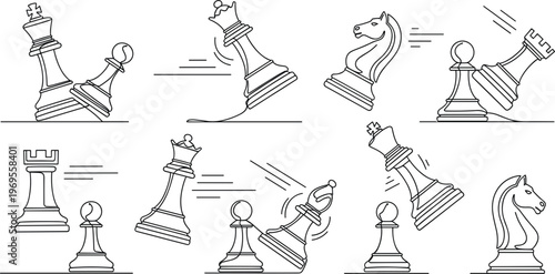 Line Art Illustration of Chess Pieces in Motion for Strategy, Game, and Sports Concepts