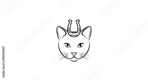 Cat head with horseshoe symbol vector illustration on white background