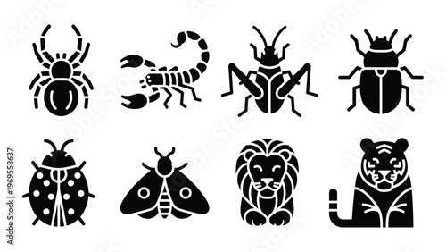 A collection of diverse animal icons including insects arachnids and mammals presented in stark black silhouette high quality professional detailed modern