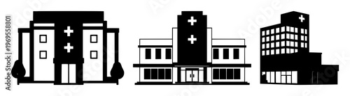 Hospital building icons set with solid black silhouette on white background featuring modern, architectural, medical with healthcare and facility