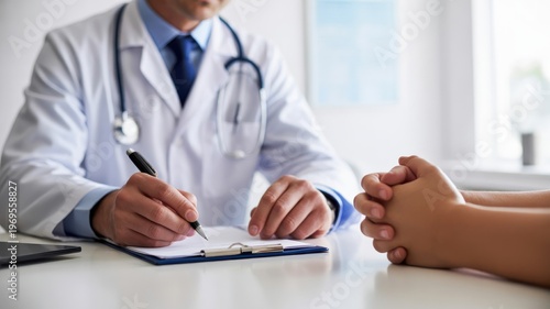 Close up of doctor writing on clipboard during medical consultation with patient