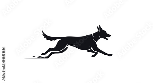 Dynamic silhouette of running dog on white background for graphic designs