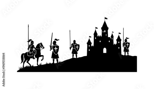 Medieval Knights Defending Castle Silhouette