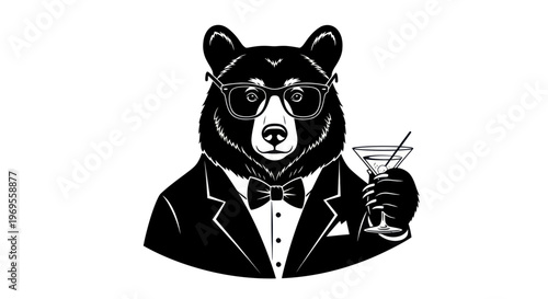 Elegant bear in tuxedo holding cocktail vector illustration