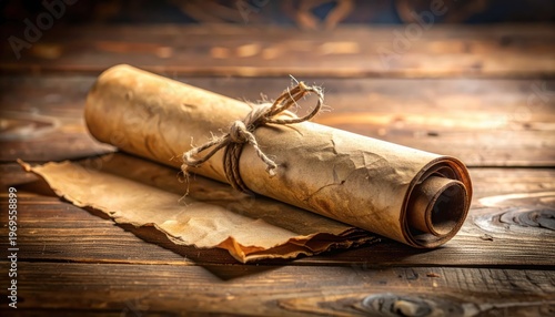 Rolled paper scroll on wood table surface background vintage document on timber desk perfect for rustic decor designs