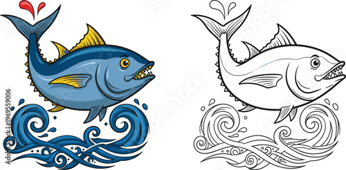 Angry fish jumping over waves illustration with colored and outline versions marine wildlife tattoo style vector design