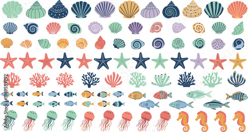 Large ocean elements collection with shells starfish coral fish jellyfish and seahorses colorful marine vector illustration set