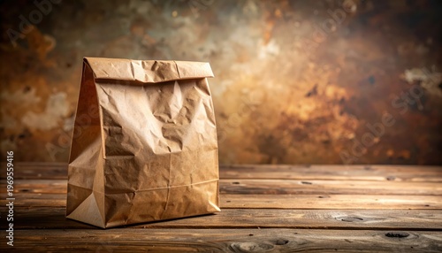 Brown paper bag on wooden table rustic packaging essentials eco friendly brown paper bag sits on rustic wooden surface
