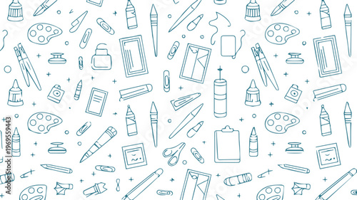 stationery seamless pattern of art supplies blue outline icons