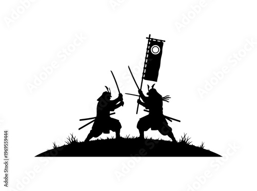 Silhouette Samurai Dueling with Flags
