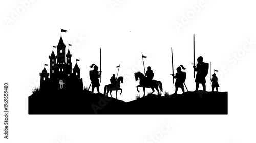 Medieval Knights Attacking Castle Silhouette