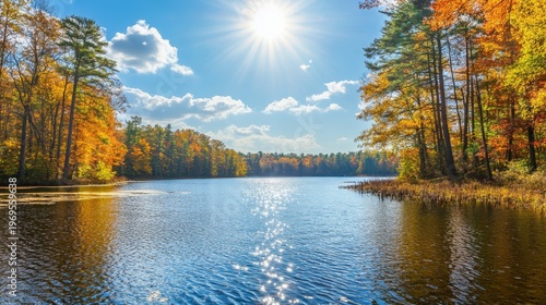 Serene lake with autumnal trees under a bright sun, casting reflections on the calm water surface