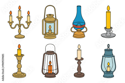 Vintage lighting equipment collection featuring antique brass chandeliers traditional metal lanterns and glass oil lamps on white background