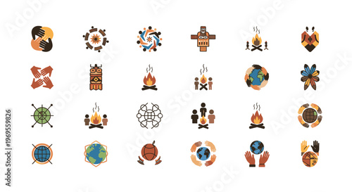 Indigenous Culture Icons Set - Native American Symbols Earth Elements Spirituality and Tradition Vector Illustration Design