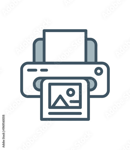 Vector icon of a printer with a photograph emerging from it highlighting the process of printing