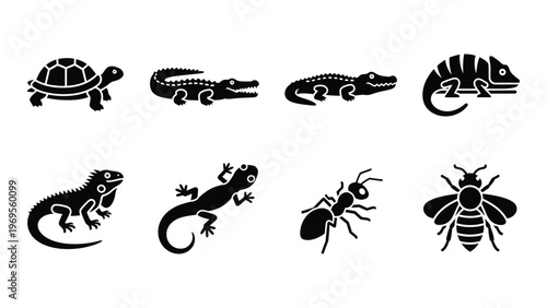 A collection of black reptile and insect silhouettes including turtles crocodiles lizards and a bee silhouette high quality professional detailed modern