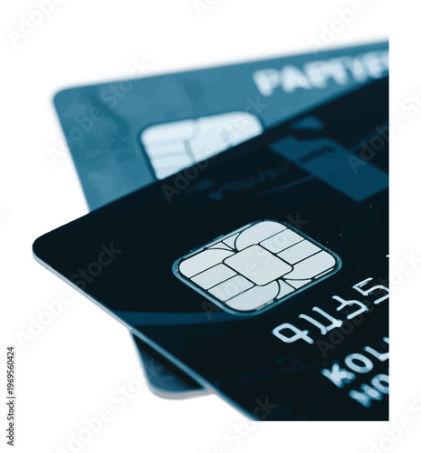 Close-up vector of two black credit cards with visible chip and numbers lying on a white surface