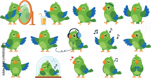 Flat vector collection of cute green parrot character mascots featuring various poses including listening to music, drinking juice, and sleeping on white background.