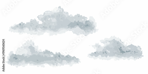 Watercolor illustration depicting three fluffy gray clouds against a white background