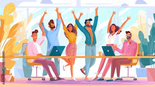 Startup growth concept, team celebrating success, modern office, natural light 