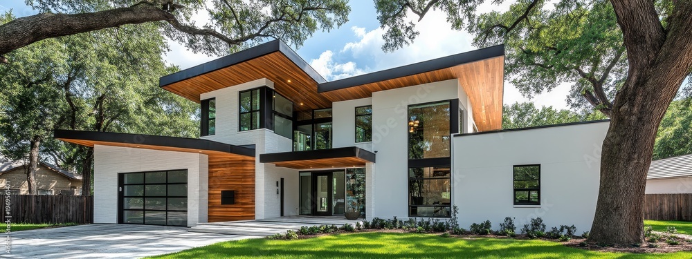 Fototapeta premium Modern two-story white house with wooden accents, large windows, surrounded by trees and grassy lawn