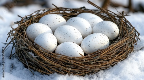 White speckled eggs nestled in a bird's nest, snow-covered ground