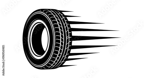 Tire, racing tire, speeding wheel, black tire, motion blur isolated on White Background