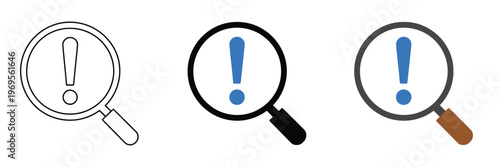 Magnifying Glass Icons Exclamation Mark Warning Alert Attention Search Investigation Caution Risk Notification Vector Illustration Set Isolated Background